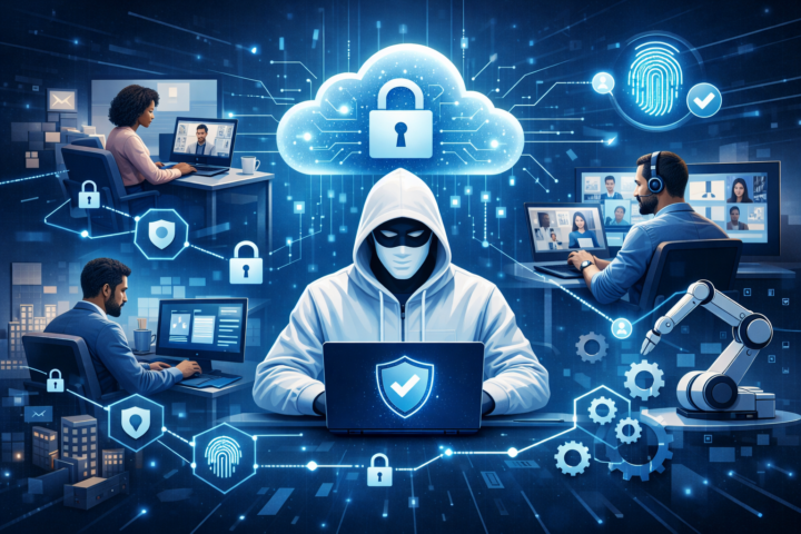 Ilustrasi konsep keamanan jaringan kantor cabang dan remote office dengan pendekatan Zero Trust dan solusi berbasis cloud