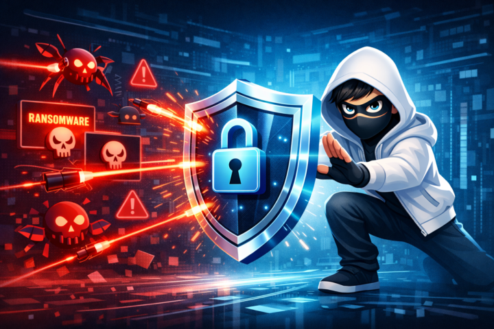 Ilustrasi perlindungan keamanan siber dengan perisai dan kunci digital melawan serangan ransomware