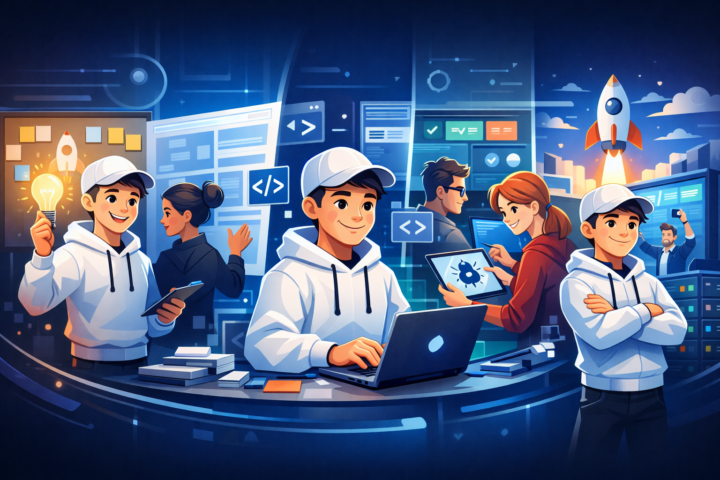 Diagram tahapan pengembangan aplikasi mulai dari ide hingga implementasi dengan kolaborasi tim