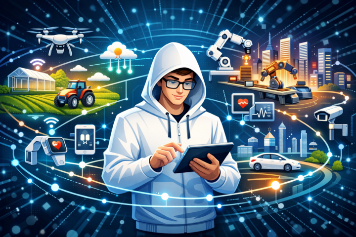 Ilustrasi perangkat IoT yang terhubung di sektor pertanian, kesehatan, manufaktur, dan kota pintar