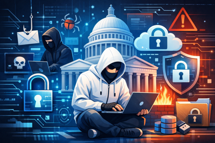 Ilustrasi tantangan keamanan siber pada instansi pemerintah dengan ikon kunci digital, hacker, dan gedung pemerintahan