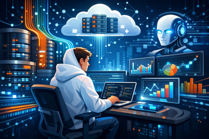 Ilustrasi pengelolaan data besar dengan infrastruktur cloud, teknologi AI, dan grafik analisis data