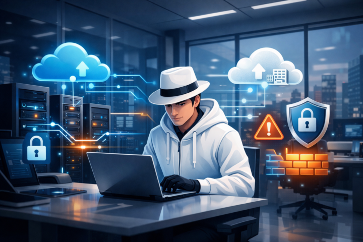 Ilustrasi pengelolaan infrastruktur TI hybrid dengan server lokal dan cloud dalam lingkungan kantor modern