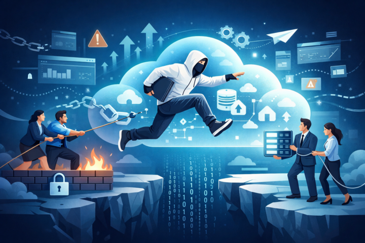 Tim bisnis mengatasi tantangan migrasi ke cloud dengan simbol data dan awan digital