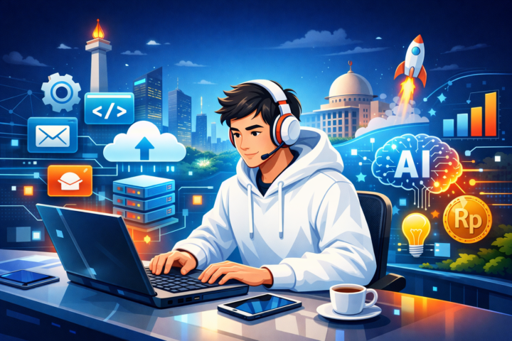 Ilustrasi teknologi software terkini dengan ikon AI dan cloud computing di dunia digital