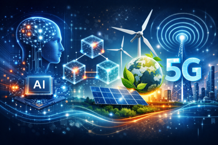 Ilustrasi teknologi terbaru 2023 seperti AI, blockchain, energi terbarukan, dan jaringan 5G