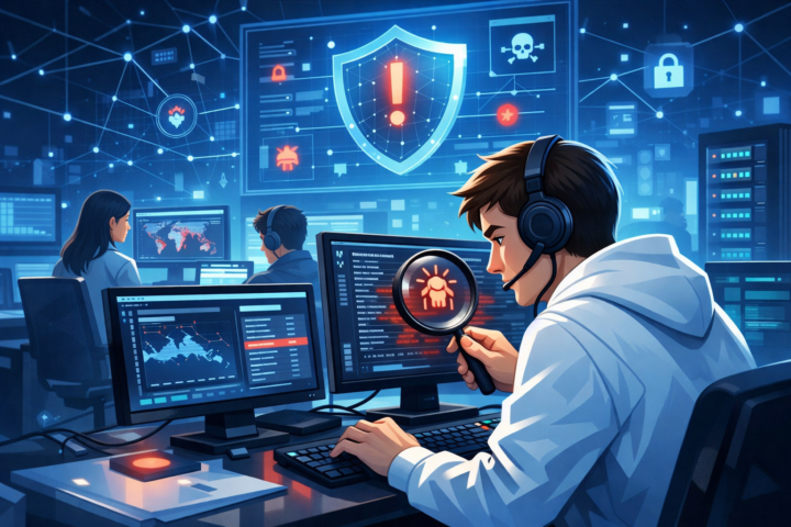 Ilustrasi proses threat hunting dengan analisis data dan tim keamanan siber di kantor modern