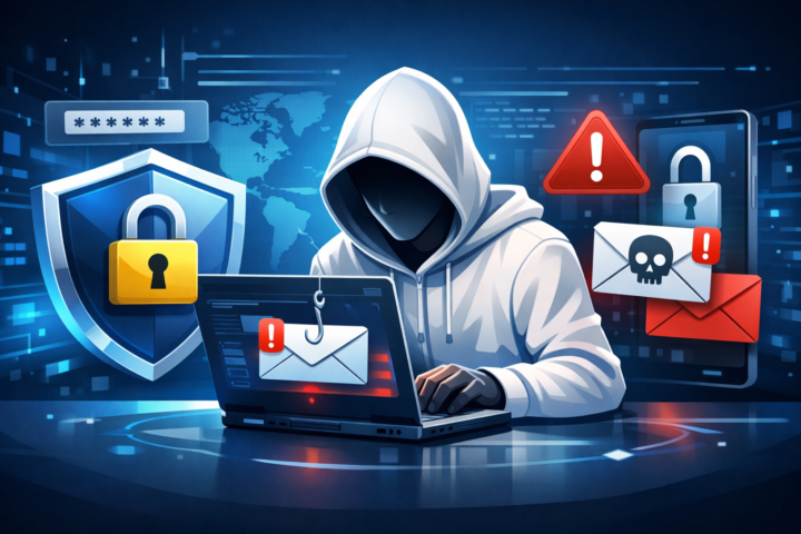 Ilustrasi keamanan akun online melindungi dari serangan phishing dengan simbol gembok dan peringatan email