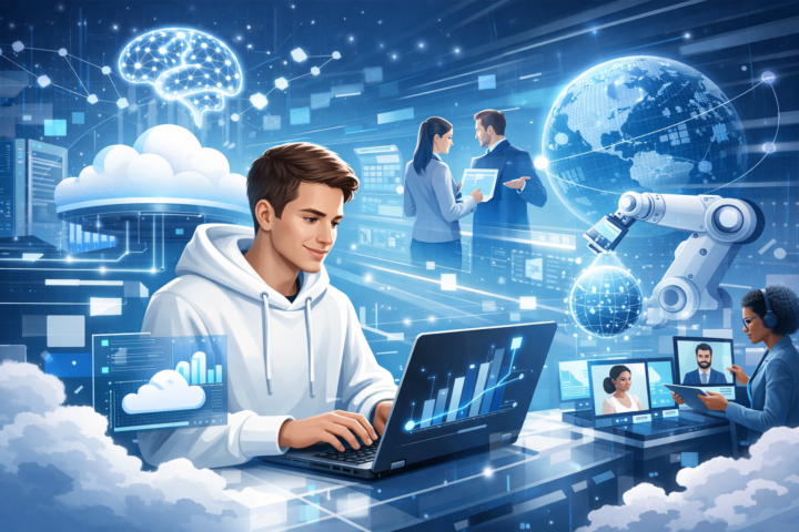 Visual teknologi Google Cloud dengan ikon AI dan konektivitas bisnis digital modern