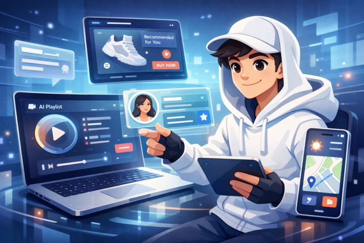 Tampilan antarmuka desain produk digital modern dengan UI minimalis, animasi halus, dan personalisasi AI di berbagai perangkat