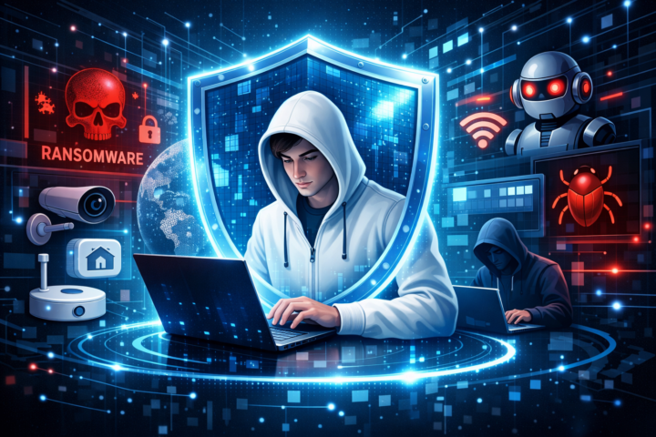 Ilustrasi perlindungan keamanan siber dengan AI dan simbol ancaman ransomware serta perangkat IoT