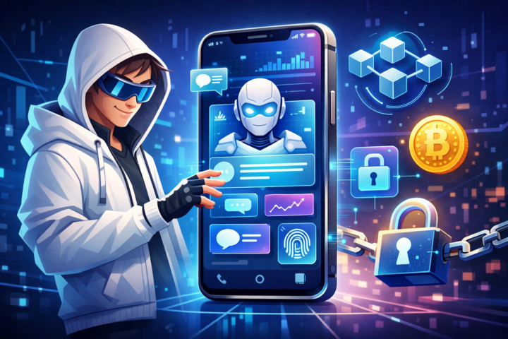 Ilustrasi pengembangan aplikasi mobile dengan teknologi AI, cloud, dan blockchain