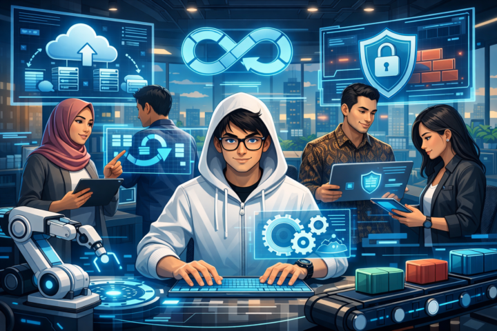 Tim pengembangan software menggunakan teknologi modern seperti otomatisasi, DevOps, dan cloud computing