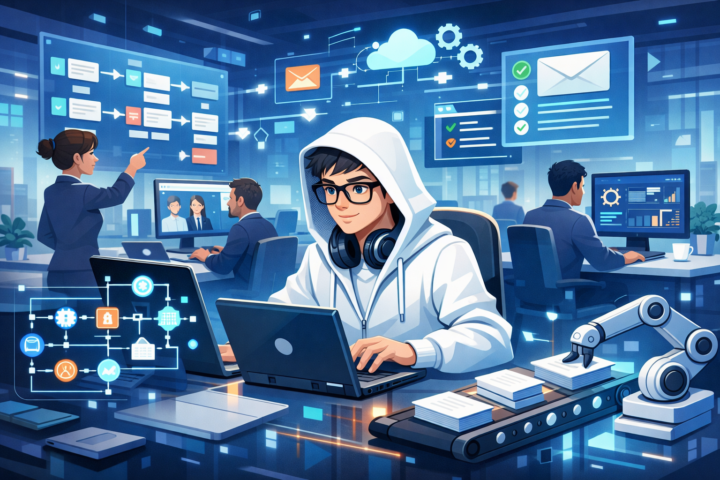 Ilustrasi sistem otomatisasi di kantor modern meningkatkan efisiensi tugas organisasi