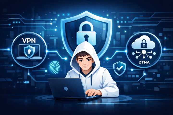 Ilustrasi keamanan jaringan digital dengan ikon VPN, ZTNA, dan Secure Access serta simbol pelindung dan gembok