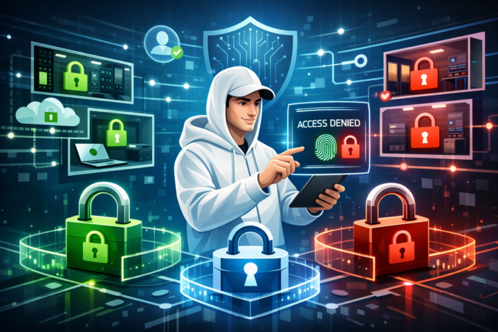 Ilustrasi konsep keamanan siber Zero Trust dengan kunci digital dan segmentasi jaringan