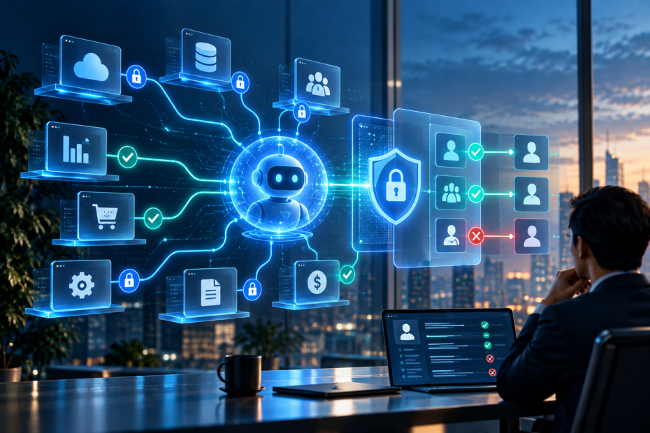 Ilustrasi governance AI agent dengan kontrol akses, identity, security, approval, dan pengawasan manusia.