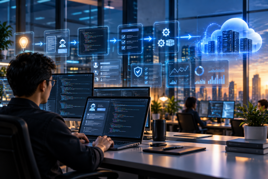 Ilustrasi AI untuk software development dari ide, coding, testing, security verification, CI/CD hingga cloud production
