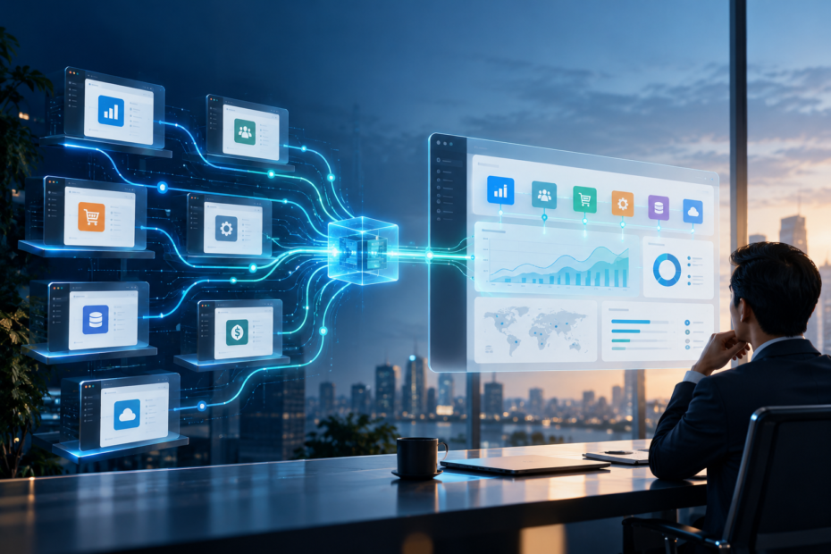 Ilustrasi agentic software yang menghubungkan aplikasi bisnis, data, cloud, workflow, dan dashboard dalam satu orkestrasi enterprise.