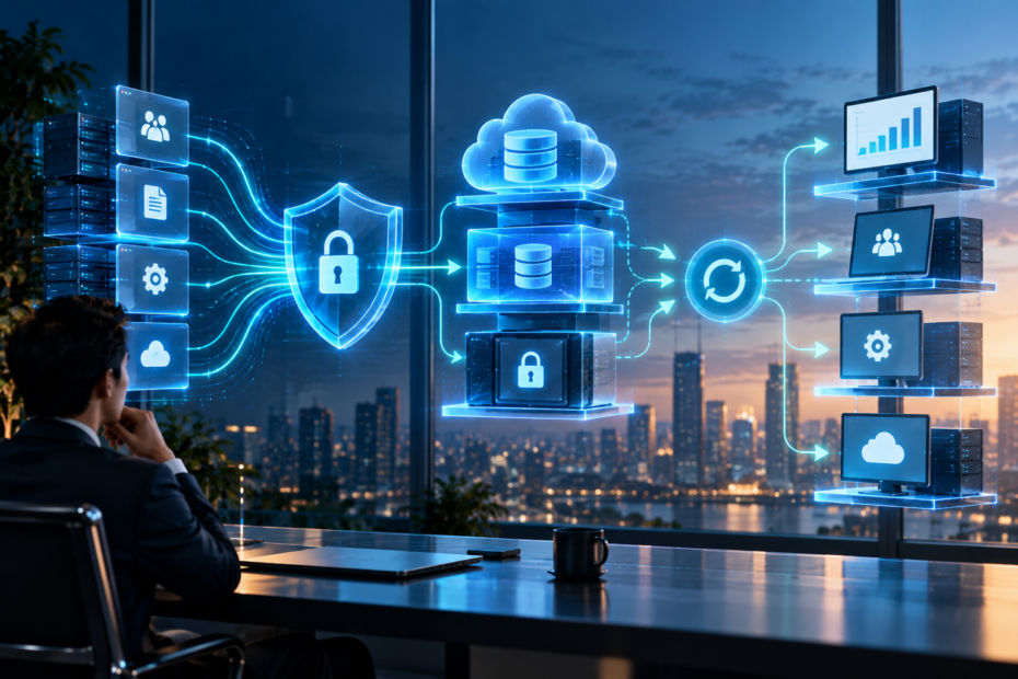 Ilustrasi cyber resilience, backup, recovery, data protection, dan pemulihan sistem bisnis setelah insiden ransomware.