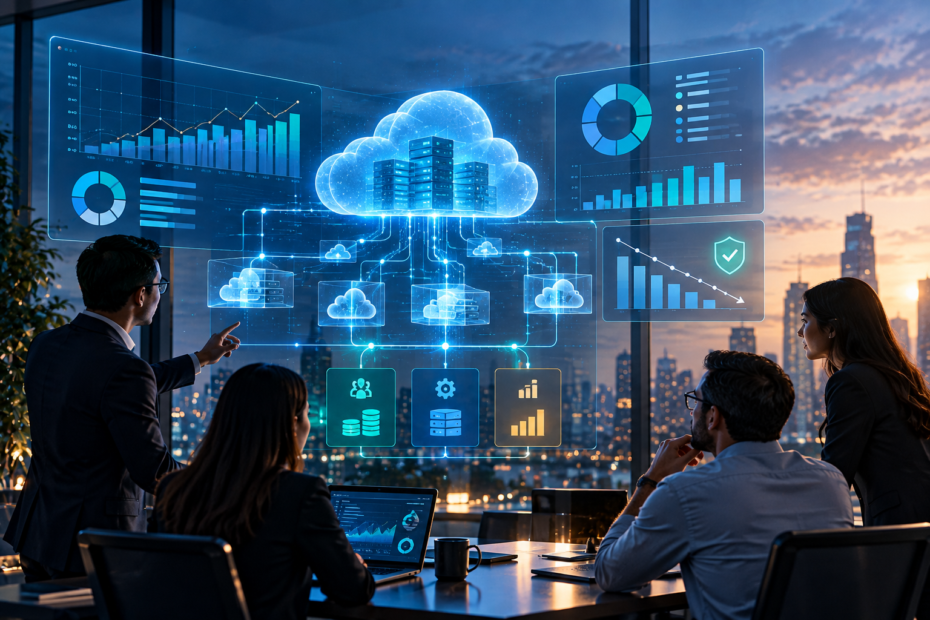 Ilustrasi tim manajemen meninjau cloud infrastructure, analytics, biaya, dan governance untuk praktik FinOps.